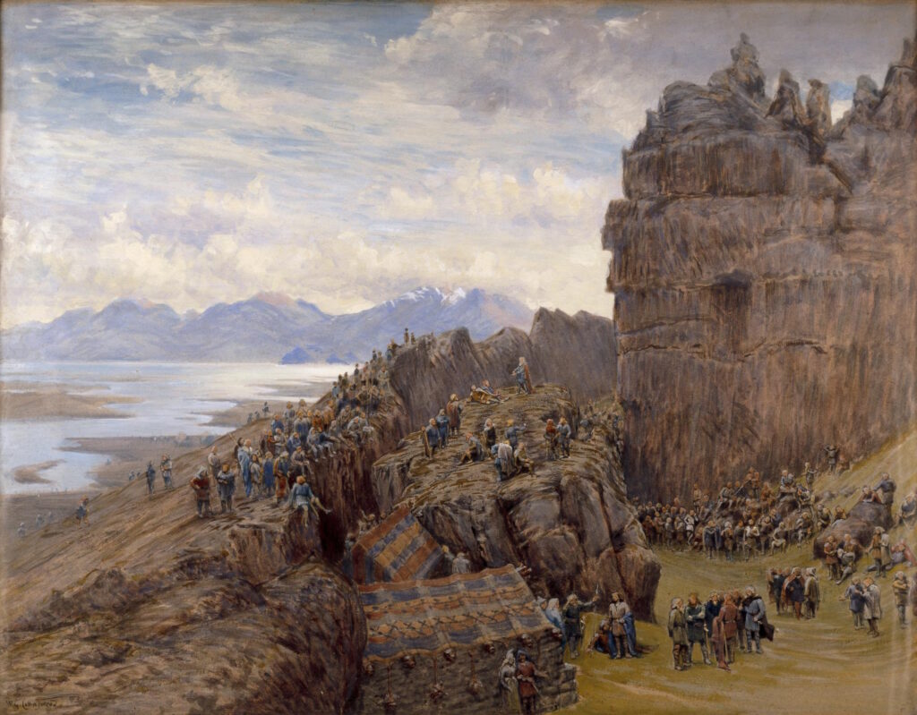 The Icelandic Thing, Alþing in Session, aquarelle de l’artiste anglais William Gershom Collingwood imaginant une session du parlement islandais à Þingvellir.