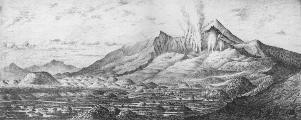 Dessin extrait du compte-rendu de l’éruption du mont Bandai par Sekiya & Kikuchi (1889). On distingue deux traits typiques des avalanches de débris : cicatrice en fer à cheval sur le volcan, hummocks à sa base.