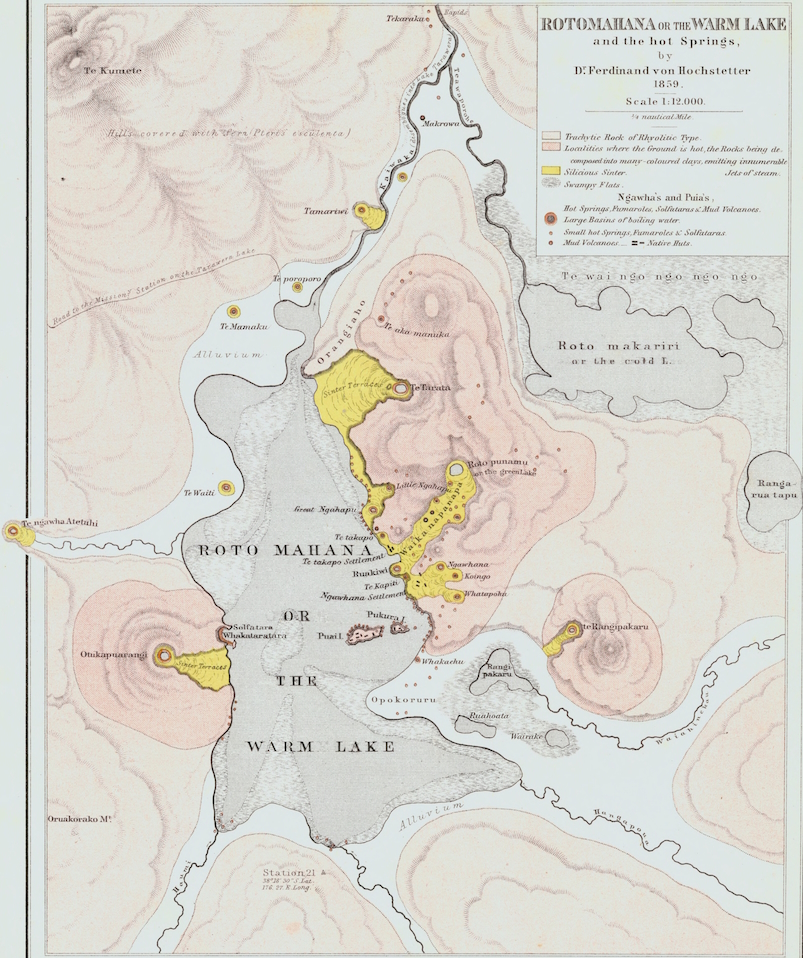 Ancienne carte du lac Rotomahana (Nouvelle-Zélande) avec des dépôts siliceux figurés en jaune.