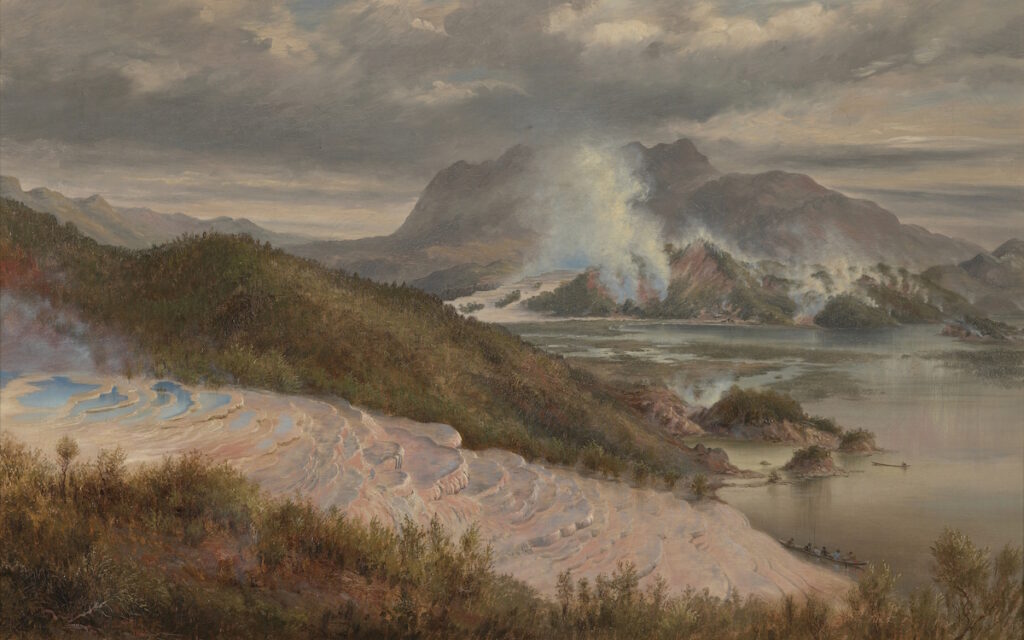 Huile sur toile de Charles Blomfield représentant le site de Pink Terraces (Nouvelle-Zélande).