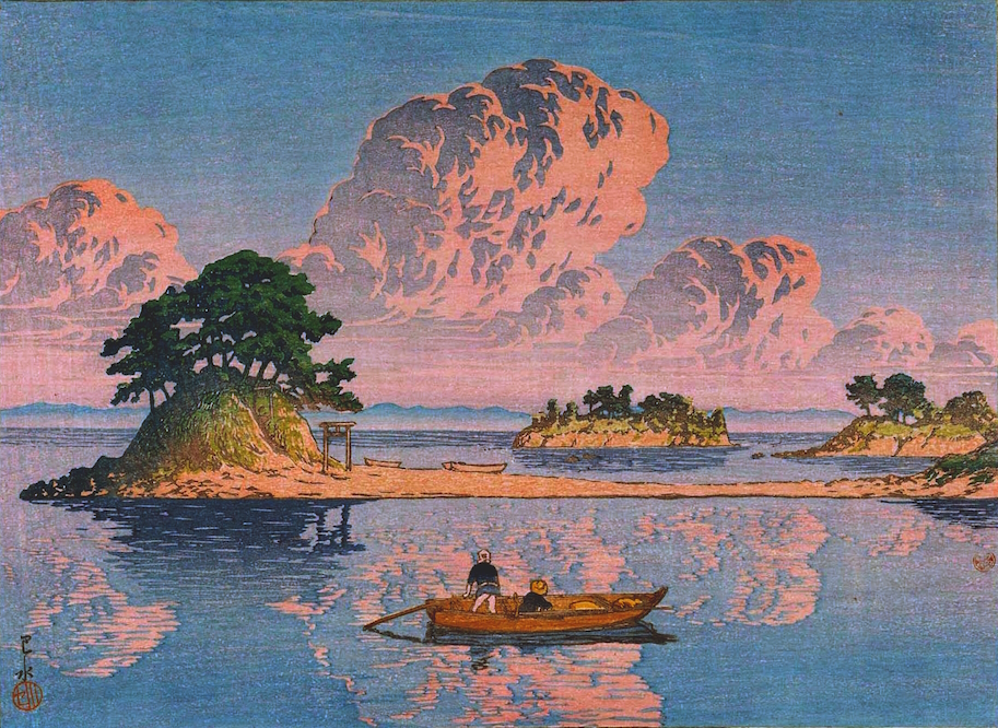 Estampe de l’artiste japonais Hasui Kawase, tirée de sa série Nihon fukei senshu (1922, « Sélection de scènes du Japon »), représentant les Tsukumojima (« 99 îles »), chapelet d’îlots issus de la destruction du mont Unzen en 1792.