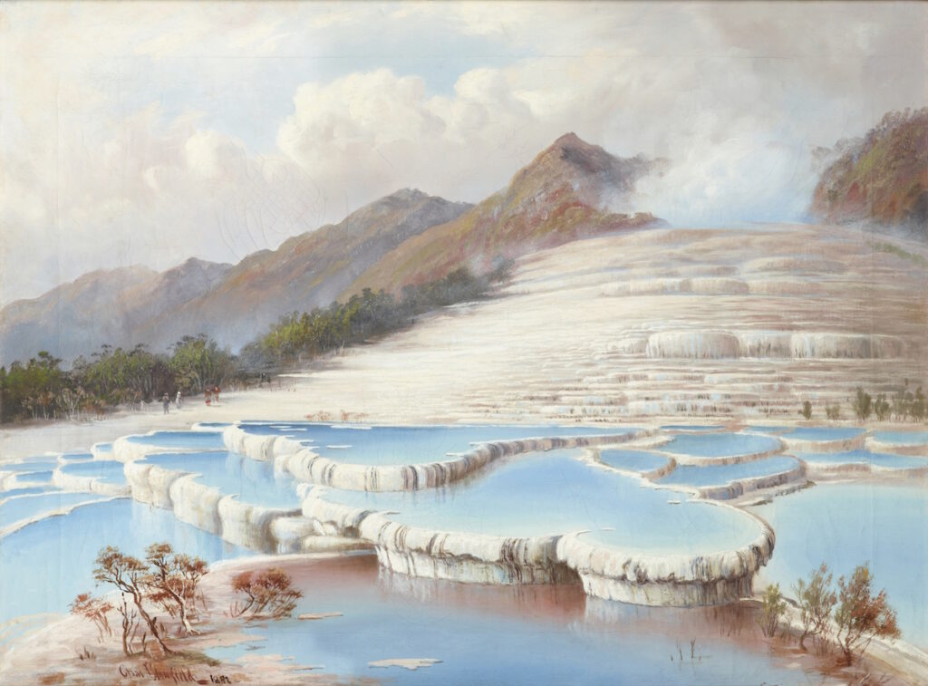 Huile sur toile de Charles Blomfield représentant le site de White Terraces (Nouvelle-Zélande).