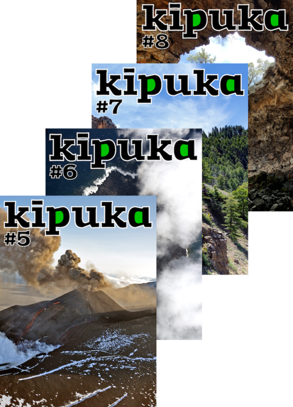 Quatre couvertures de kīpuka, revue de vulgarisation scientifique consacrée aux volcans.