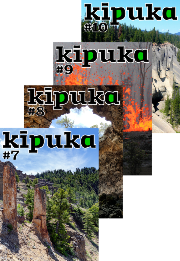 Quatre couvertures de kīpuka, revue de vulgarisation scientifique consacrée aux volcans.